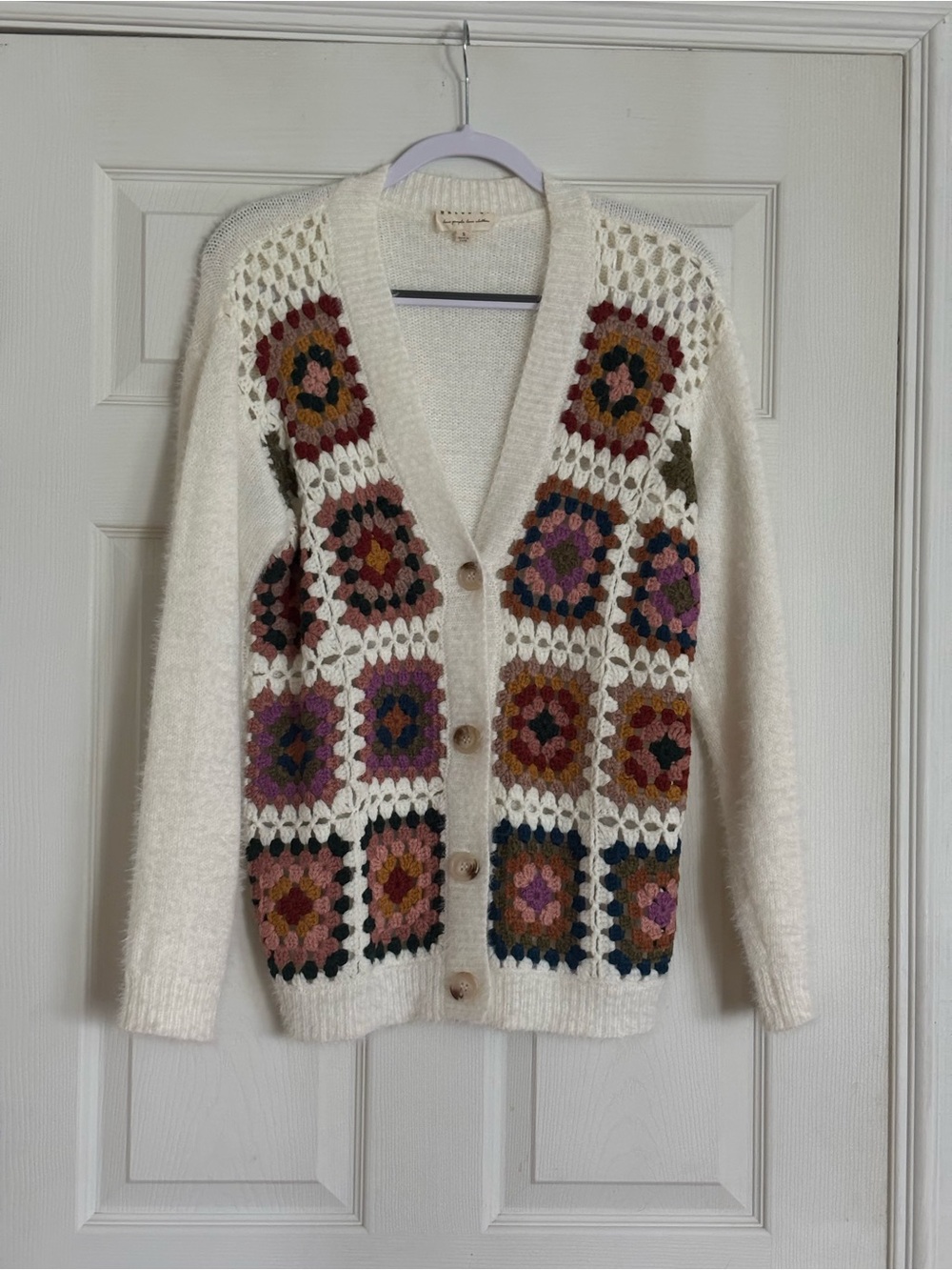 Dress Up Boutique Boho Cream Crochet Granny Square Cardigan Sweater